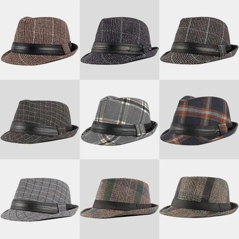 British Retro Plaid Fedora Hat Men Women Woolen Blend Warm Jazz Cap Classic Trilby Style Autumn Winter Accessory