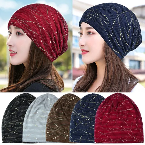 Elegant Lace Slouchy Beanie Hat For Women Breathable Polyester Rhinestone Turban Cap For Spring Autumn Outdoor Daily Accessory