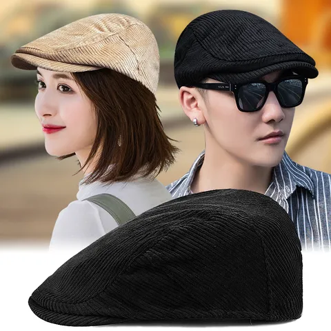 Retro Corduroy Beret Hat For Men Women Autumn Winter British Style Adjustable Forward Hat Newsboy Cap Warm Flat Cap