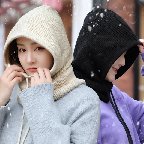 Winter Thick Knitted Balaclava Hat Scarf Set For Women Men Outdoor Riding Windproof Warm Hooded Beanie Mask Neck Warmer Everyday Wear