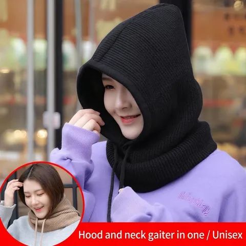 Winter Thick Knitted Balaclava Hat Scarf Set For Women Men Outdoor Riding Windproof Warm Hooded Beanie Mask Neck Warmer Everyday Wear