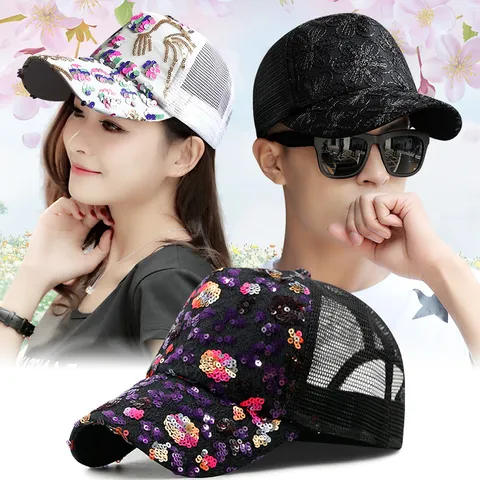 Women Shiny Sequin Mesh Trucker Hat Breathable Floral Embroidery Baseball Cap Outdoor Sun Protection Snapback Leisure Hat