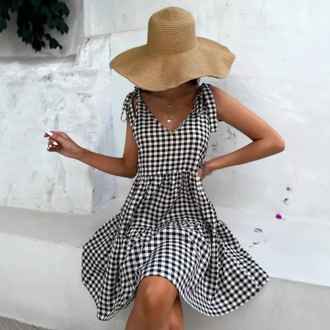 Women V-Neck Gingham A-Line Dress Bow Strap Sleeveless Tiered Mini Dress Elegant Sweet Cotton Vacation Sundress