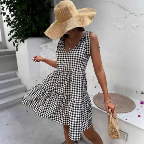 Women V-Neck Gingham A-Line Dress Bow Strap Sleeveless Tiered Mini Dress Elegant Sweet Cotton Vacation Sundress