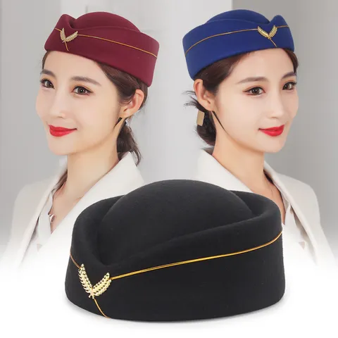 Professional Flight Attendant Pillbox Hat Polyester Formal Beret With Gold Piping Metal Badge For Performance Stage Reception Women Ceremonial Hat