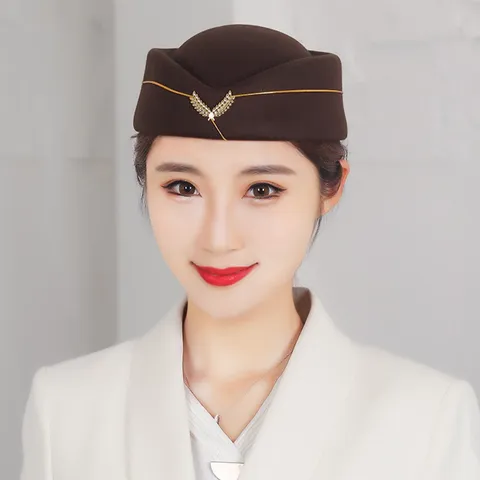 Professional Flight Attendant Pillbox Hat Polyester Formal Beret With Gold Piping Metal Badge For Performance Stage Reception Women Ceremonial Hat