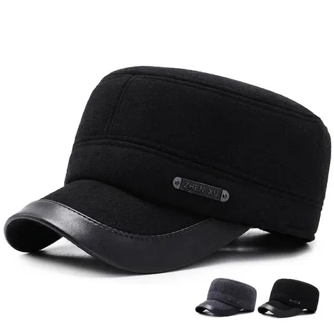 Herren Winter Wollmischung Kadettenmütze Mit Ohrenklappen Warm Verdickte Flat Top Hut Für Ältere Menschen Outdoor Winddichte Entenschnabelkappe