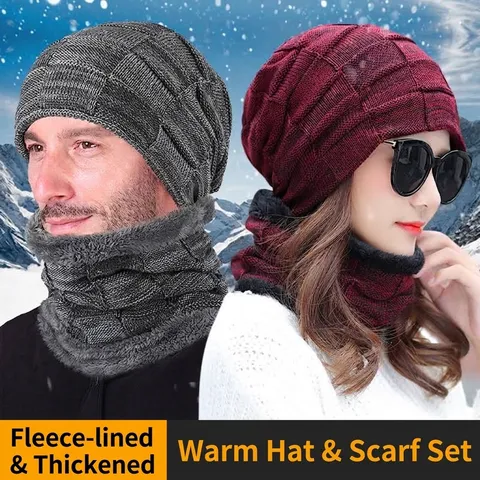 Winter Knitted Hat And Neck Warmer Set For Men Women Fleece Lined Checkerboard Beanie Hat Thick Warm Scarf Outdoor Set
