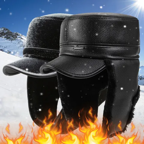 Herren Winter Warm Leifeng Hut Flache Krone Nerzimitat PU Leder Verdickt Ohrenschutz Fleece Gefüttert Winddicht Uschanka Mütze Für Ältere