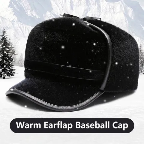 Herren Winter Warm Leifeng Hut Flache Krone Nerzimitat PU Leder Verdickt Ohrenschutz Fleece Gefüttert Winddicht Uschanka Mütze Für Ältere