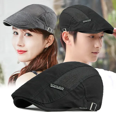 Boina Retro Unisex de Malla con Patchwork Transpirable Sombrero con Visera de Verano Gorra Plana de Mezcla de Algodón Ajustable Gorro Casual