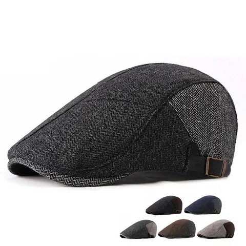 Woolen Herringbone Newsboy Cap British Vintage Patchwork Flat Cap Men Women Winter Warm Adjustable Buckle Ivy Beret Hat