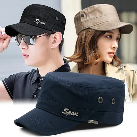 Herren Cadet Cap Baumwolle Flachdeckel Armee Hut Großer Kopfumfang Atmungsaktiv Outdoor Sonnenschutz Sport Buchstabe Militärmütze