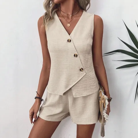 Γυναικείο Μονόχρωμο Άνετο Casual Σετ από Πολυεστέρα Top And Bottom Πλυμένο με Άμμο Αμάνικο V Λαιμόκοψη Κουμπιά Γιλέκο Shorts Outfits