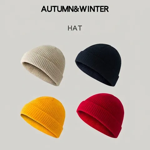 Berretto in Maglia Calda Invernale Unisex Acrilico Skullcap Tinta Unita Hip Hop Cappello da Pescatore Elastico Beanie