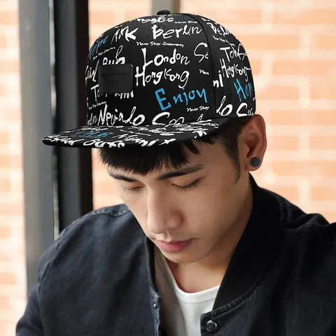 Unisex Hip Hop Honkbalpet Letters Graffiti Print Platte Gebogen Rand Katoen Zonnehoed Streetwear Verstelbare Patch Pet