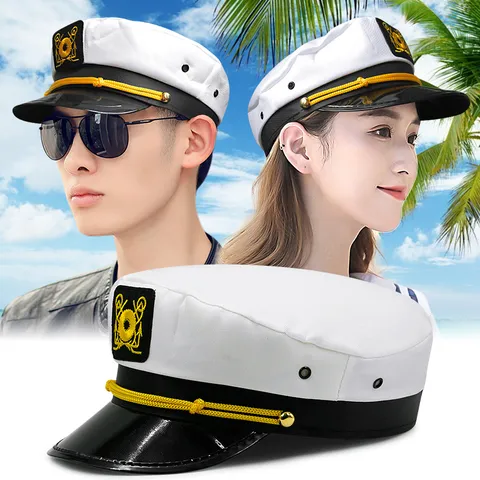 Klassische Marine Kapitän Mütze Gold Anker Stickerei Weiß Seemann Yacht Kappe Kostüm Party Unisex Bühne Flache Hut