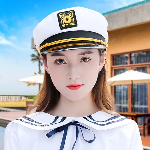 Klassische Marine Kapitän Mütze Gold Anker Stickerei Weiß Seemann Yacht Kappe Kostüm Party Unisex Bühne Flache Hut