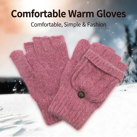 Women Winter Wool Cable Knit Gloves Flip Top Fingerless Warm Casual Mitten Snowflake Deer Pattern Outdoor Cold Weather