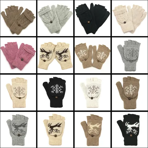Women Winter Wool Cable Knit Gloves Flip Top Fingerless Warm Casual Mitten Snowflake Deer Pattern Outdoor Cold Weather