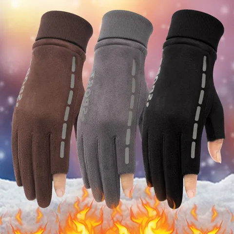 Winter Suede Warm Gloves Men Women Outdoor Casual Touch Screen Full Finger Exposed Fingers Thick Fleece Lined Sport Gloves