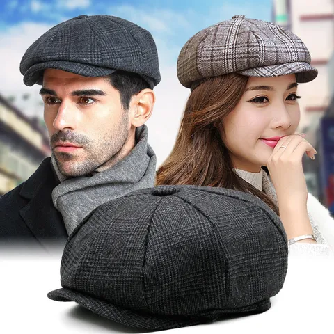 Vintage Men Plaid Newsboy Cap Cotton Polyester Octagonal Baker Boy Hat Retro Cabbie Driving Flat Cap for Autumn Winter