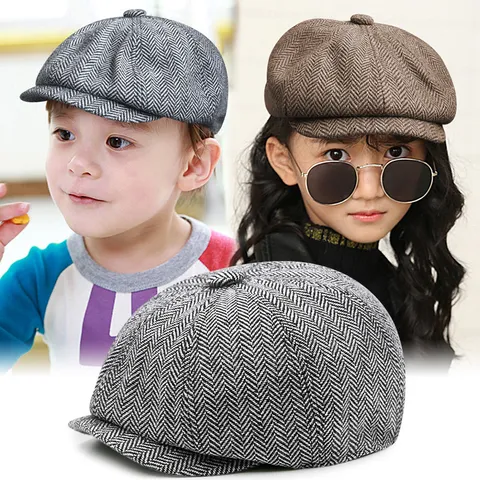 Kinder Fischgräten Schiebermütze Retro Britischer Stil Baskenmütze Für Jungen Mädchen Herbst Winter Mode Accessoire