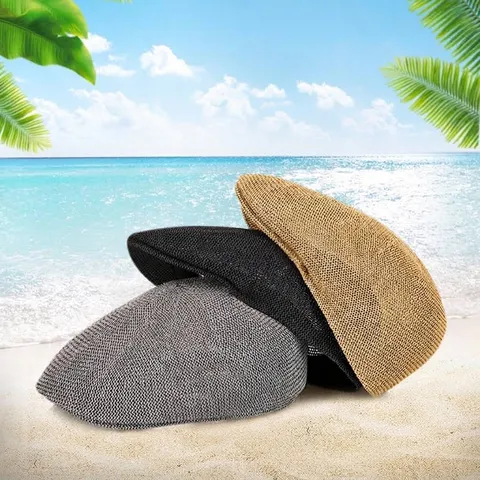 Uomo Estate Protezione Solare Basco Moda Traspirante Filo di Paglia Rete Coppola Semplice Leggero Parasole Newsboy Cap per Outdoor Quotidiano