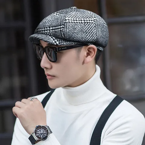 Vintage Men Plaid Newsboy Cap Cotton Polyester Octagonal Baker Boy Hat Retro Cabbie Driving Flat Cap for Autumn Winter