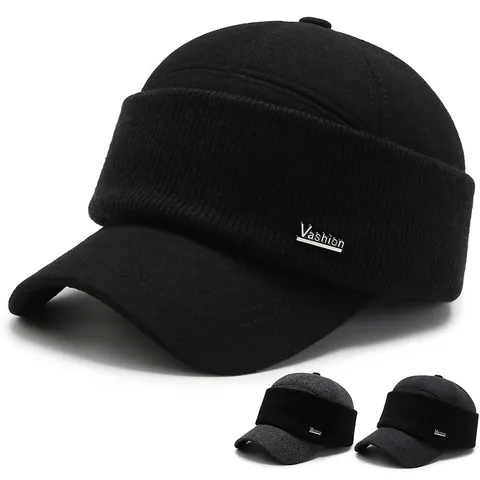 Herren Winter Baseballkappe Mit Ohrenklappen Wollmischung Warme Verdickte Entenschnabelmütze Für Ältere Vater Outdoor Winddicht Lässige Genäht Hut