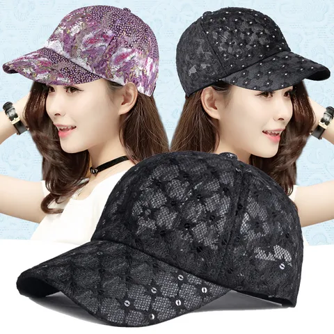 Cappellino da Baseball in Pizzo Traforato da Donna Traspirante Cappello da Sole Estivo Elegante Floreale con Strass e Paillettes Mesh Trucker Hat Cappello Casual All'aperto
