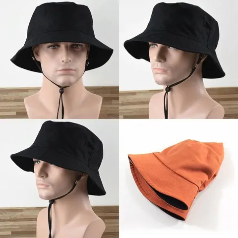 Reversible Cotton Bucket Hat Large Head Size Foldable Outdoor Sun Protection Fishing Hat For Men Women Big Head Casual Summer Cap With Windproof Rope