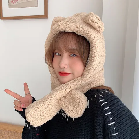 Cute Bear Ears Plush Balaclava Hat Scarf Integrated Winter Warm Fleece Windproof Pullover Hood For Outdoor Cycling Women