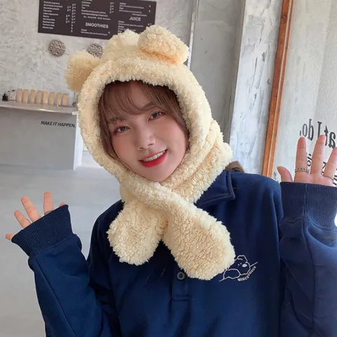 Cute Bear Ears Plush Balaclava Hat Scarf Integrated Winter Warm Fleece Windproof Pullover Hood For Outdoor Cycling Women