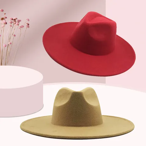 Chapeau Fedora à Large Bord en Imitation Laine Style Britannique Vintage Couronne en Forme de Coeur Chapeau Jazz à Bord Plat pour Hommes Femmes Automne Hiver
