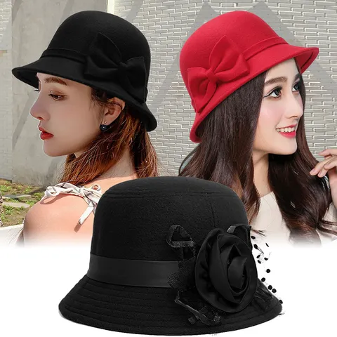 Vintage Women Imitation Wool Cloche Hat Elegant British Style Bow Flower Winter Warm Church Derby Basin Hat Lady Fashion