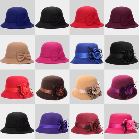 Vintage Women Imitation Wool Cloche Hat Elegant British Style Bow Flower Winter Warm Church Derby Basin Hat Lady Fashion