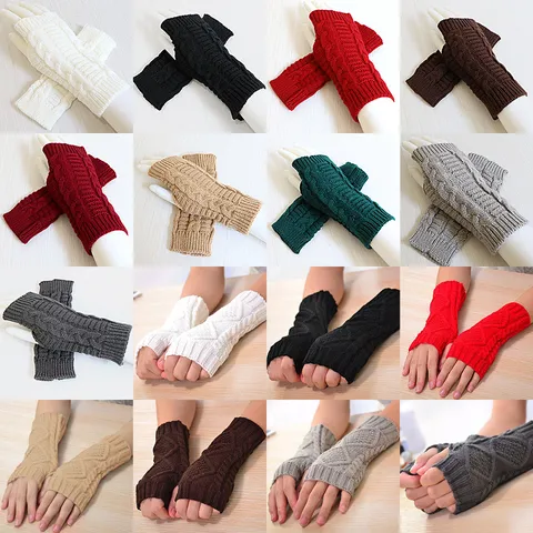 Acryl Strick Fingerlose Handschuhe Winter Warm Zopfmuster Rautenmuster Unisex Halbfinger Dehnbare Fäustling Armstulpen