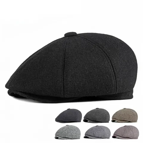 British Retro Newsboy Cap For Men Winter Warm Padded Octagonal Hat With Ear Protection Woolen Blend Herringbone Plaid Flat Cap