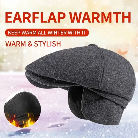 British Retro Newsboy Cap For Men Winter Warm Padded Octagonal Hat With Ear Protection Woolen Blend Herringbone Plaid Flat Cap