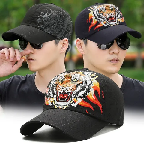 Sommer Atmungsaktiv Mesh Baseballkappe Chinesischer Ethno-Stil Tiger Drache Gstickt Sonnenhut Lässig Verstellbar Outdoor Trucker Hut Herren Damen Acryl