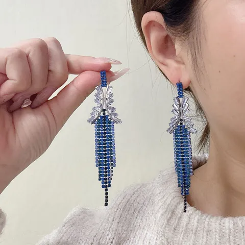European American Exaggerated Klein Blue Tassel Earrings Fashionable Alloy Rhinestone Drop Earrings For Women Luxury Jewelry