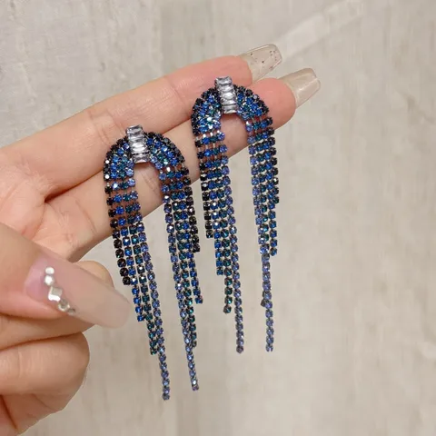 European American Exaggerated Klein Blue Tassel Earrings Fashionable Alloy Rhinestone Drop Earrings For Women Luxury Jewelry