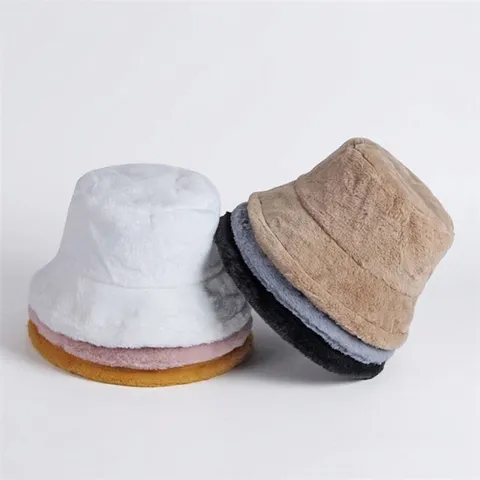 Women Faux Rabbit Fur Leopard Print Bucket Hat Winter Warm Plush Basin Hat Korean Fashion Outdoor Versatile Foldable Lady Cap