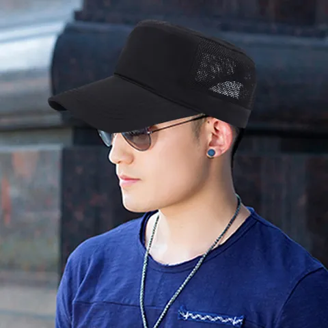 Herren Leichte Atmungsaktive Mesh Cadet Cap Verlängerte Krempe Sonnenschutz Flat Top Hut Outdoor Freizeit Armee Militär Mütze
