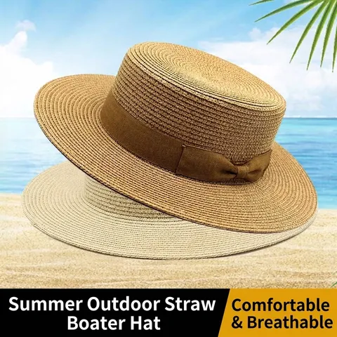 Women Straw Boater Hat Summer Beach Sun Hat With Bow Ribbon Flat Top Hand Woven Breathable Wide Brim Straw Fedora Hat For Travel Holiday