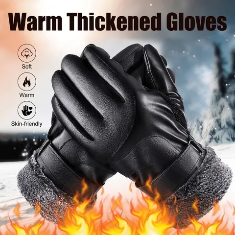Winter Padded Thickened PU Leather Gloves For Men Women Touchscreen Windproof Cycling Warm Outdoor Student Sports Gloves