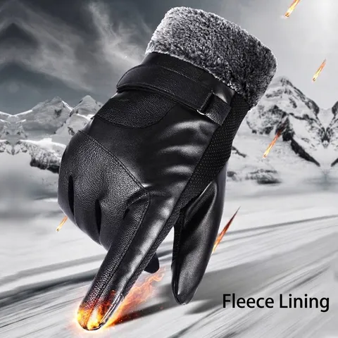 Winter Padded Thickened PU Leather Gloves For Men Women Touchscreen Windproof Cycling Warm Outdoor Student Sports Gloves