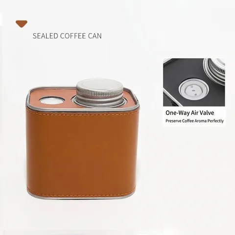 Square Coffee Bean Sealed Tin Can With PU Leather Sleeve One-Way Valve Waterproof Portable Tea Storage Jar For Outdoor Camping