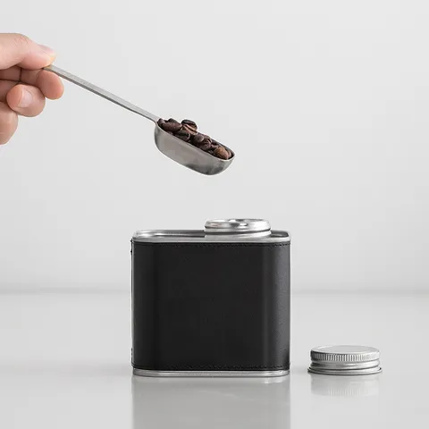 Square Coffee Bean Sealed Tin Can With PU Leather Sleeve One-Way Valve Waterproof Portable Tea Storage Jar For Outdoor Camping